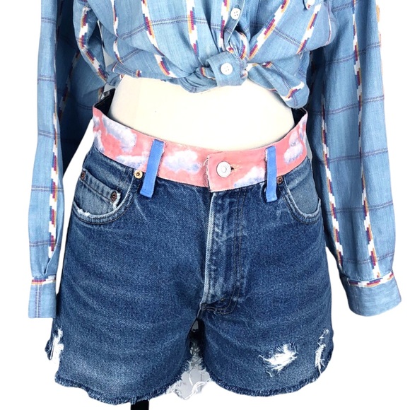 Levi’s 505 DIY Distressed Cutoff Hand Painted Rainbow Cloud Denim Jean Shorts - Picture 10 of 13